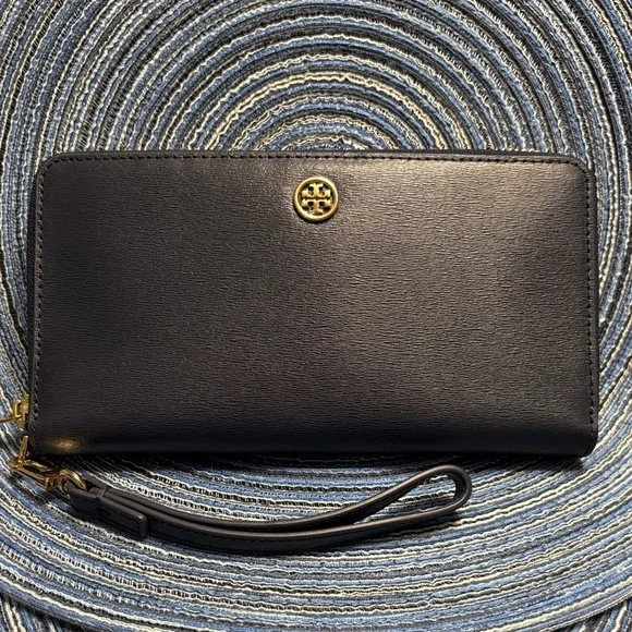 Tory Burch Navy Blue Wristlet with Gold Emblem - Picture 1 of 6